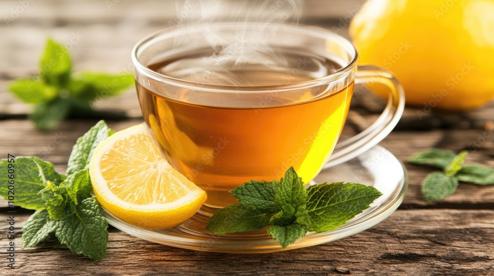 Fresh Tea with Lemon and Mint on Wooden Table Fresh Tea with Lemon and Mint on Wooden Table