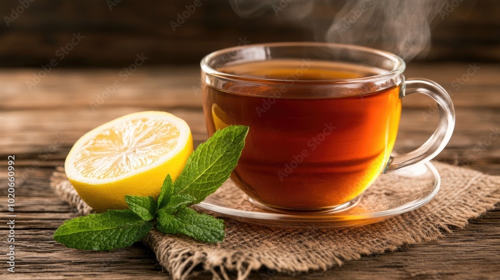 Fresh Tea with Lemon and Mint on Rustic Background Fresh Tea with Lemon and Mint on Rustic Background