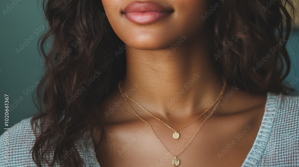 A model wearing a layered gold necklace with small pendants, styled with casual attire. A model wearing a layered gold necklace with small pendants, styled with casual attire.