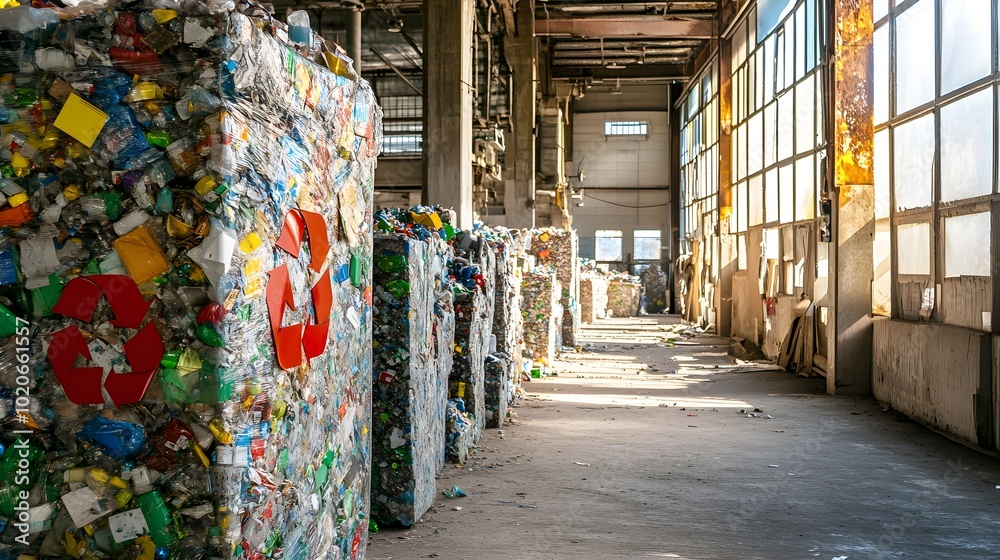 Naklejka premium Inside a recycling plant where various recyclable materials are being sorted and processed, showcasing industrial efforts for sustainability and waste reduction 