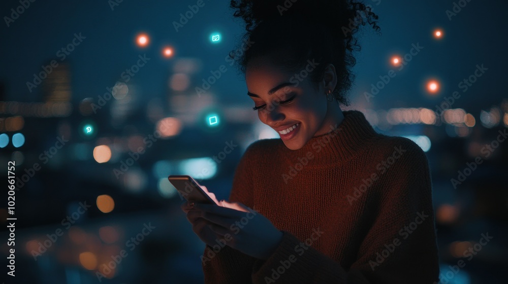 A Young Woman Uses Her Smartphone in the Evening, Illuminated by City Lights A Young Woman Uses Her Smartphone in the Evening, Illuminated by City Lights