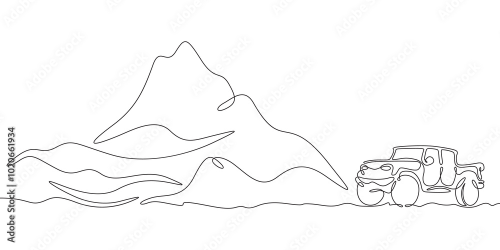 Fototapeta premium Continuous one line drawing SUV in nature. High mountains. Car trip.One continuous line isolated minimal illustration.