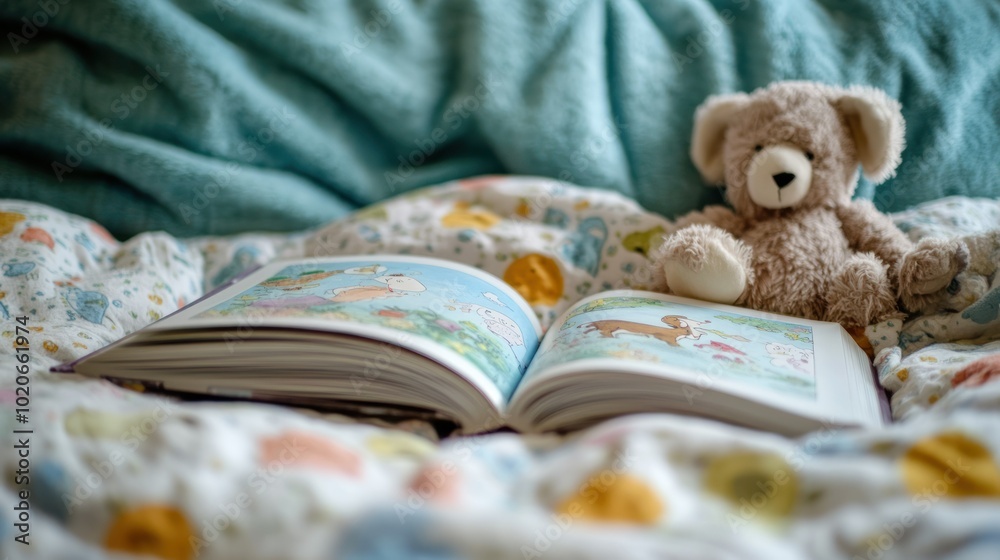 Open book with teddy bear on a colorful bedspread Open book with teddy bear on a colorful bedspread