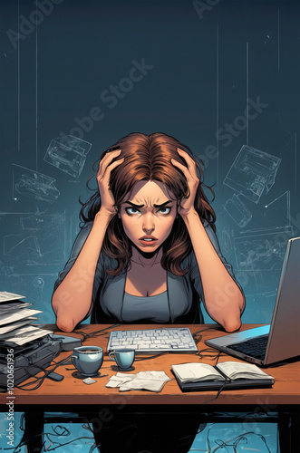 illustrazione di donna stressata al computer 