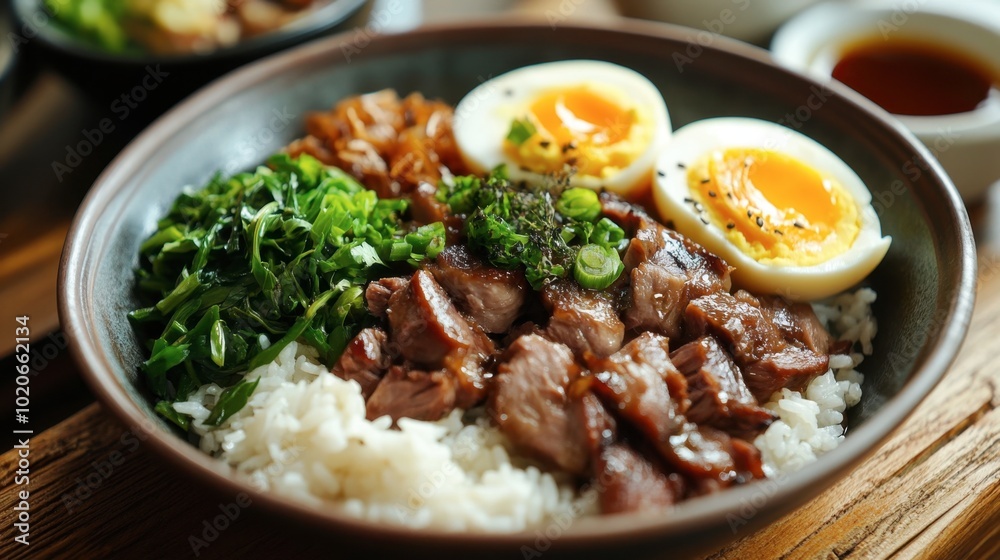 A mouthwatering plate of pork leg rice with tender pork, fresh pickled mustard greens, and soft-boiled eggs, perfect for lunch. A mouthwatering plate of pork leg rice with tender pork, fresh pickled mustard greens, and soft-boiled eggs, perfect for lunch.