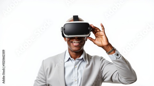 Elderly man engaged in Virtual Reality Experience isolated on a white background.