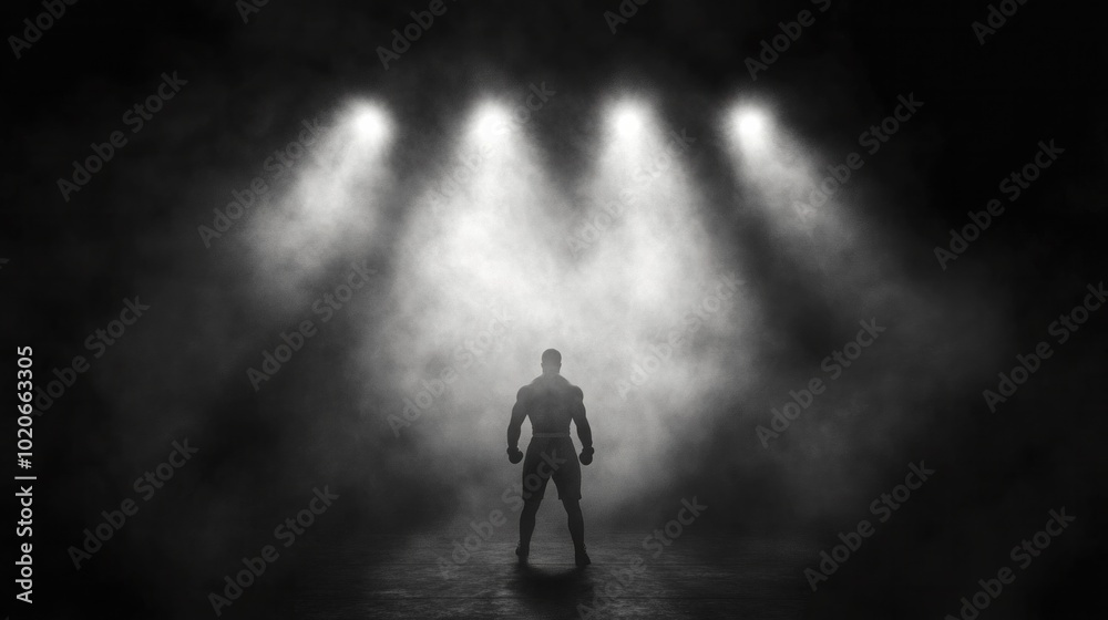 Black-and-white photo of boxer standing in misty ring under bright lights Black-and-white photo of boxer standing in misty ring under bright lights
