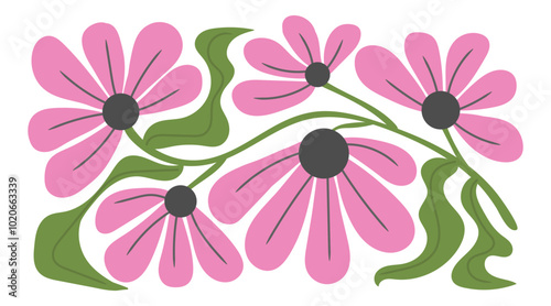 Set of groovy abstract botanical floral background in trendy naive retro hippie 60s 70s style. Horizontal poster with abstract wavy flower