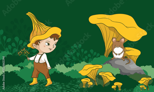 vector illustration - chanterelles and mouse