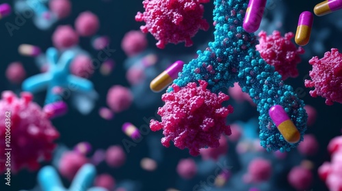 Bacterial biofilm in lungs, resisting antibiotic treatment, 3D illustration