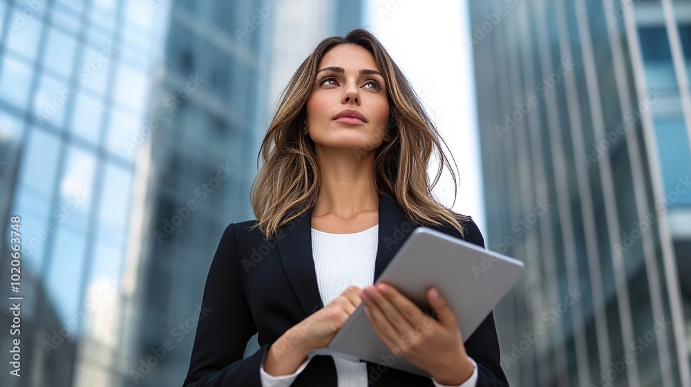 Confident Businesswoman with Tablet in Urban Setting Confident Businesswoman with Tablet in Urban Setting