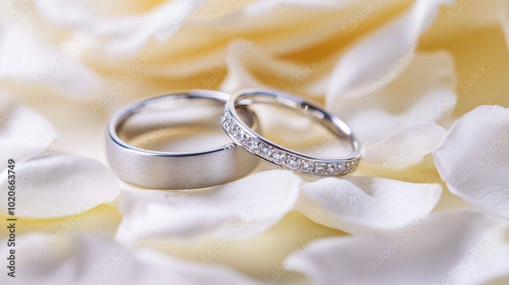 A pair of matching wedding rings nestled together on a bed of white rose petals. A pair of matching wedding rings nestled together on a bed of white rose petals.