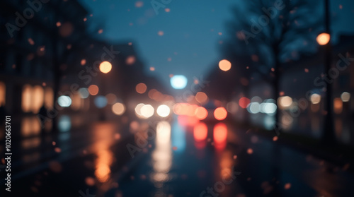 Blurred lights of cars, street lamps and their reflections on the asphalt against the background of a night city during the rain