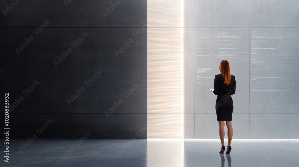 Woman Standing in Front of Modern Light Wall Woman Standing in Front of Modern Light Wall