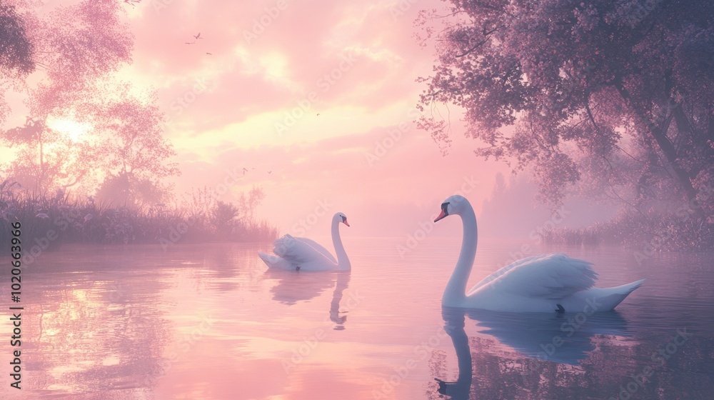 Fototapeta premium A pair of swans gliding together on a serene river during a soft, pink sunset.