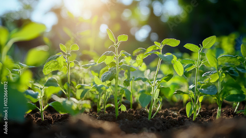 Healthy plants flourishing in nutrient-rich soil under soft sunlight in a garden during early morning hours