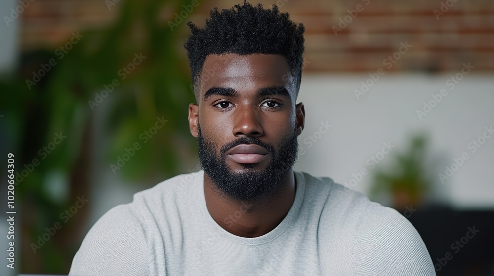 Thoughtful Man with Beard in Casual Setting Thoughtful Man with Beard in Casual Setting