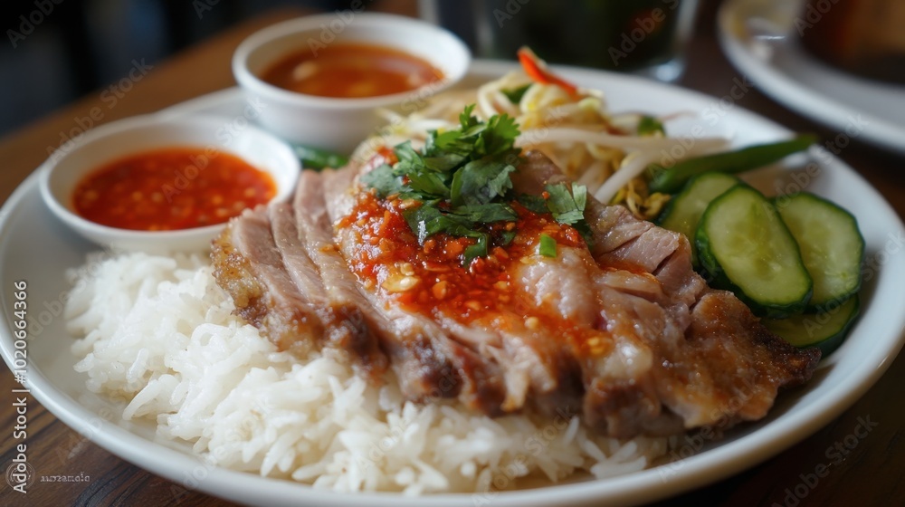 A plate of pork leg rice served with fragrant jasmine rice, tender pork leg, and a side of pickled vegetables and chili sauce. A plate of pork leg rice served with fragrant jasmine rice, tender pork leg, and a side of pickled vegetables and chili sauce.
