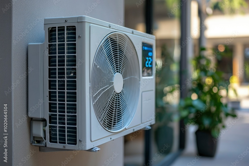 White Air Conditioner Unit Mounted on an Exterior Wall White Air Conditioner Unit Mounted on an Exterior Wall