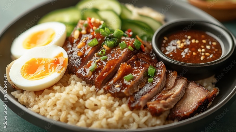 A plate of pork leg rice topped with soft-boiled eggs, pickled vegetables, and a tangy dipping sauce, ready for a delicious meal. A plate of pork leg rice topped with soft-boiled eggs, pickled vegetables, and a tangy dipping sauce, ready for a delicious meal.
