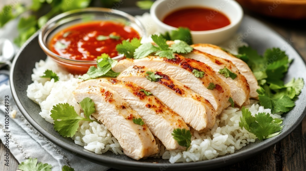 A plate of steamed rice with juicy chicken breast slices, garnished with fresh cilantro and served with a side of chili dipping sauce. A plate of steamed rice with juicy chicken breast slices, garnished with fresh cilantro and served with a side of chili dipping sauce.