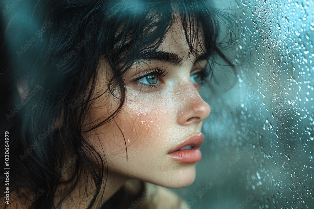 A pensive young woman contemplates by a rain-drenched window, embodying themes of introspection and solitude, ideal for Mental Health Day campaigns or reflective wellness materials. A pensive young woman contemplates by a rain-drenched window, embodying themes of introspection and solitude, ideal for Mental Health Day campaigns or reflective wellness materials.
