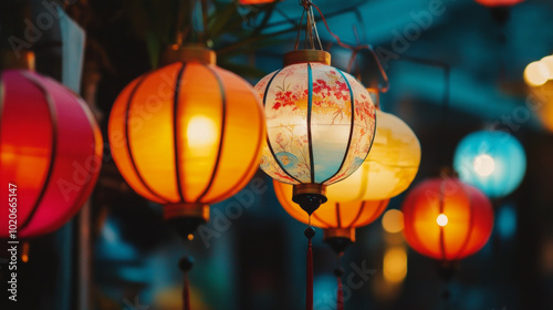 Colorful lanterns glowing at dusk market festival providing a warm atmosphere and enchanting ambience for visitors