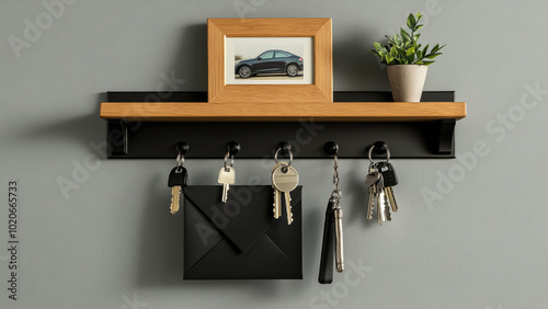 Wall Shelf with Keys, Picture Frame, and Envelope Arrangement