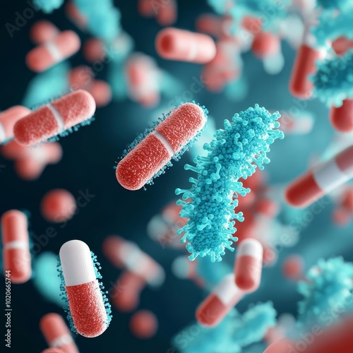 Biofilm formation in bacteria under antibiotic pressure, 3D illustration