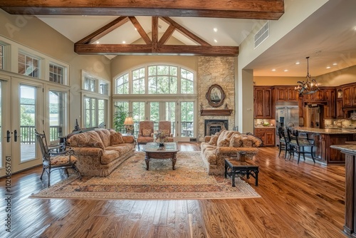 Luxurious Living Room with Stone Fireplace and Exposed Beams photo