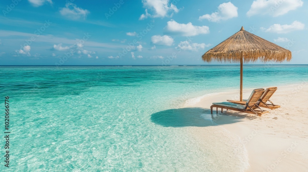 Fototapeta premium Tropical beach with a straw umbrella and serene waters.