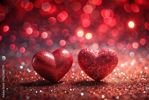 Forced perspective romantic backdrop with glittering red hearts