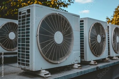 Row of Outdoor Air Conditioner Units with Metal Fans