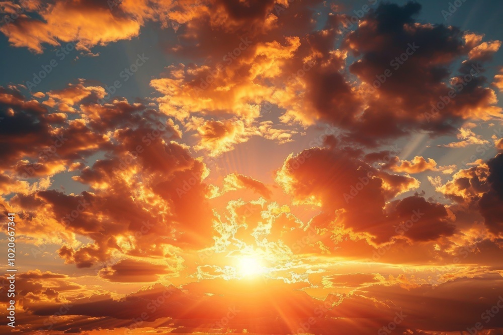 Fototapeta premium Golden Sunset with Orange Clouds and Warm Hues Filling the Sky