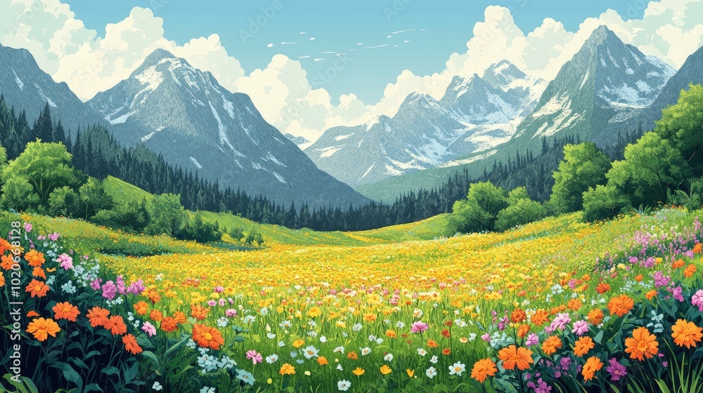 Lush meadow nestled in a mountainous landscape Vibrant meadow surrounded by mountains Lush meadow nestled in a mountainous landscape Vibrant meadow surrounded by mountains