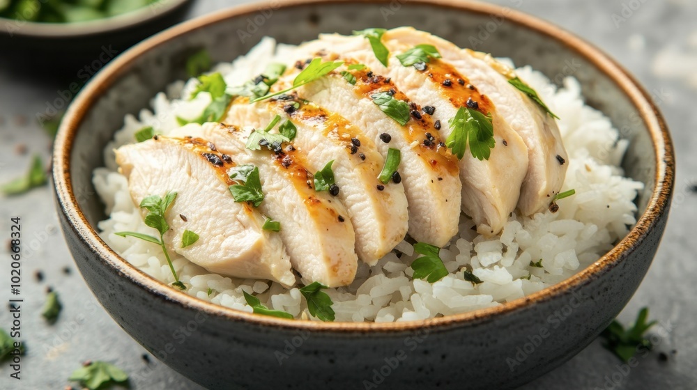A satisfying meal of steamed rice with juicy chicken breast slices, garnished with herbs and served with a flavorful sauce. A satisfying meal of steamed rice with juicy chicken breast slices, garnished with herbs and served with a flavorful sauce.