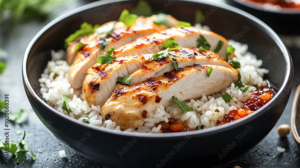A satisfying meal of steamed rice with juicy chicken breast slices, garnished with herbs and served with a flavorful sauce. A satisfying meal of steamed rice with juicy chicken breast slices, garnished with herbs and served with a flavorful sauce.