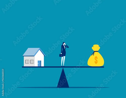 Money.businessman think between pay off mortgage and invest for profit, Decision between pay off mortgage or invest in stock market