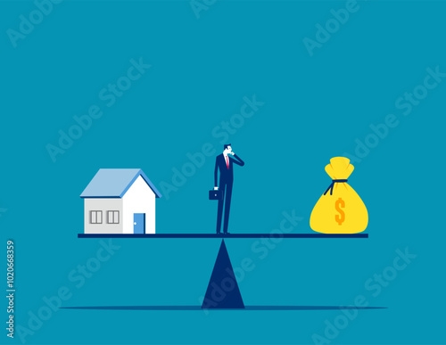 Money.businessman think between pay off mortgage and invest for profit, Decision between pay off mortgage or invest in stock market