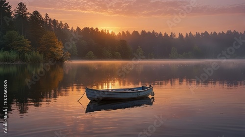 A small wooden boat sits alone on a still lake at sunrise, with a line of trees in the background and mist rising from the water.