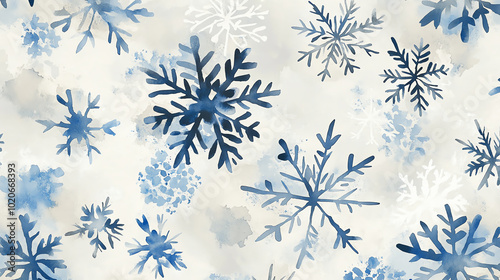 Watercolor snowflakes in subtle shades of blue and white, minimalist and delicate, scattered over light gray background, seamless pattern