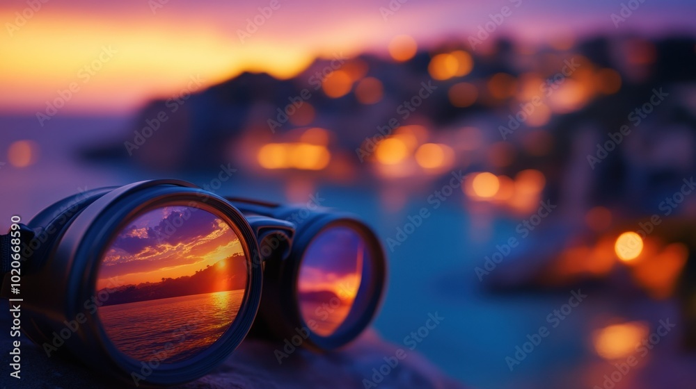 Binoculars Focused on a Vibrant Sunset Over the Sea Binoculars Focused on a Vibrant Sunset Over the Sea