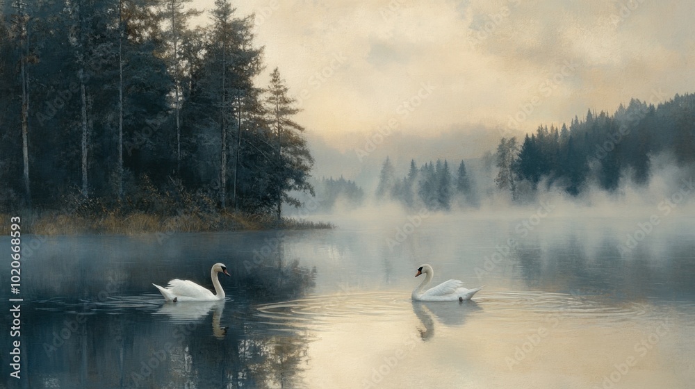 A serene landscape with swans swimming across a quiet lake, with a misty forest in the background.