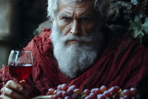 Portrait of an old man with a glass of red wine and grapes.