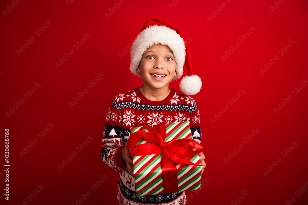 Photo portrait of cute little boy hold excited gift celebrate new year wear knitted outfit isolated on red color background Photo portrait of cute little boy hold excited gift celebrate new year wear knitted outfit isolated on red color background
