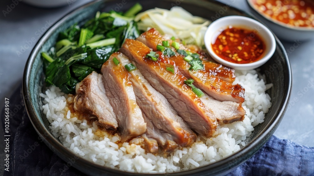 A serving of pork leg rice with tender braised pork, jasmine rice, pickled mustard greens, and a spicy dipping sauce on the side. A serving of pork leg rice with tender braised pork, jasmine rice, pickled mustard greens, and a spicy dipping sauce on the side.