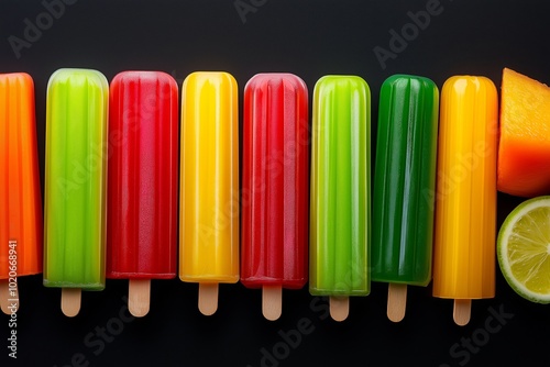 Colorful assortment of fruit and popsicles. collection of popsicles on sticks. Arrange the popsicles either as a bouquet or floating in air from various angles, creating a dynamic and playful scene.