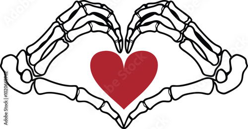 Skeleton Hands Forming Heart with Red Heart Romantic Illustration

