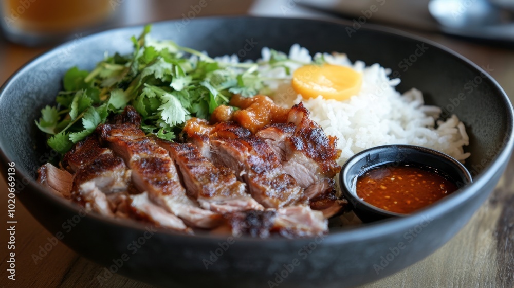 A serving of pork leg rice with tender, melt-in-your-mouth pork, jasmine rice, and a side of spicy dipping sauce. A serving of pork leg rice with tender, melt-in-your-mouth pork, jasmine rice, and a side of spicy dipping sauce.