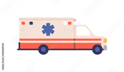 Ambulance van with star of paramedic symbol, medical emergency car, side view of paramedic vehicle, ambulance van white and red, rescue truck of medical emergency service flat vector illustration. 